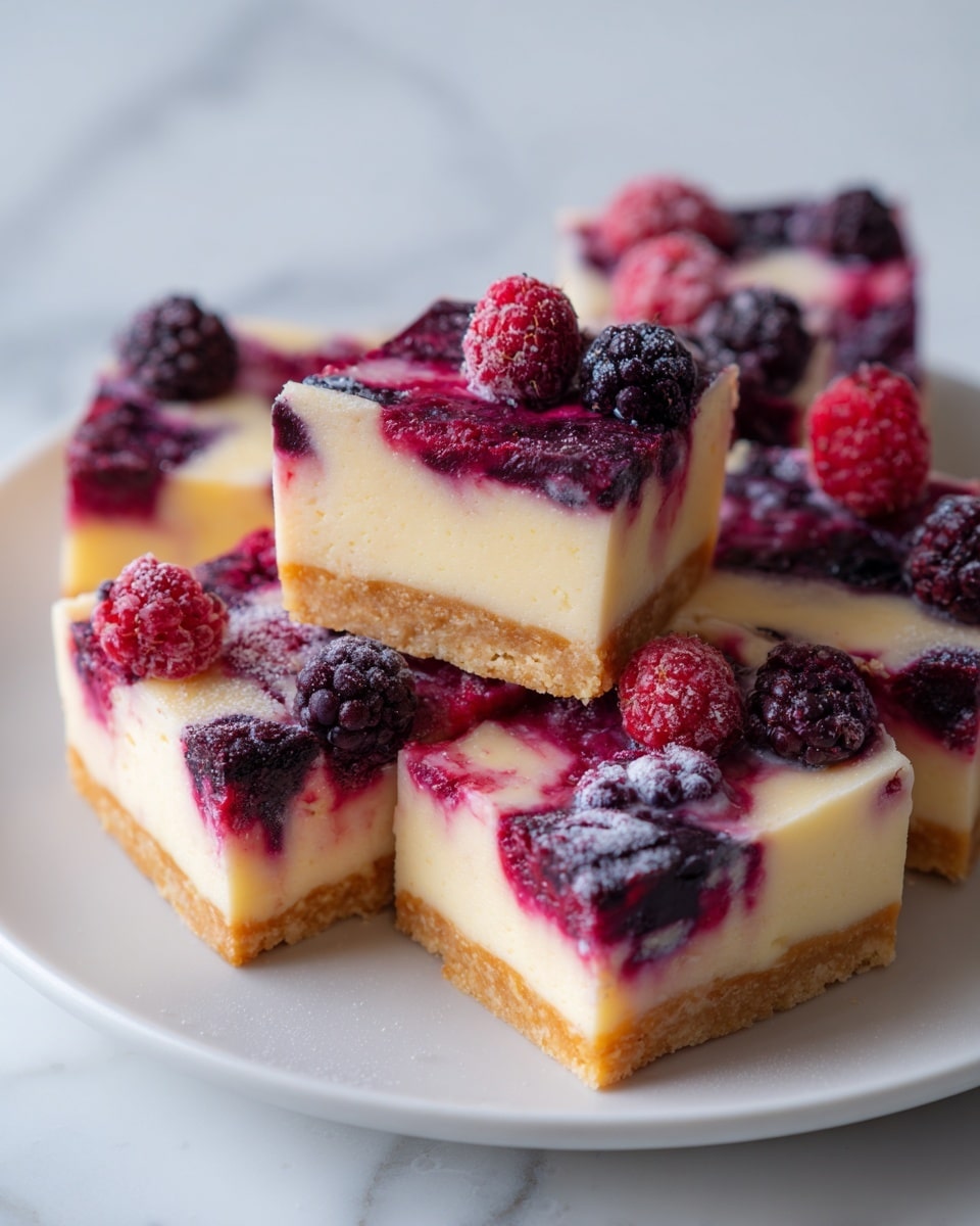 The image shows a close-up of square pieces of dessert bars arranged on a white plate, each bar having three visible layers: a golden-brown bottom crust, a thick creamy pale yellow middle layer, and a top layer filled with mixed berries in red and dark purple colors, creating a dotted pattern. Some berries look soft and juicy, blending slightly into the creamy layer. The surface around the plate is a white marbled texture. photo taken with an iphone --ar 4:5 --v 7