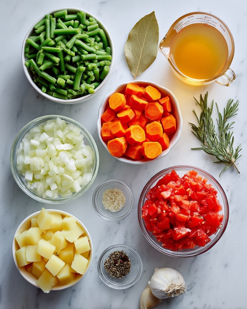 The image shows many small white bowls and glass containers laid out on a white marbled surface, each filled with different raw ingredients: bright green chopped celery, dark green trimmed green beans, orange round carrot slices, white chopped onions in a clear glass bowl, diced yellow potatoes in a clear glass bowl, chopped red tomatoes, a small bowl of olive oil, a few cloves of garlic, a brown bay leaf, and tiny bowls with salt, black pepper, and mixed dried herbs; a clear glass measuring cup filled with a light orange liquid is also included. Photo taken with an iphone --ar 4:5 --v 7