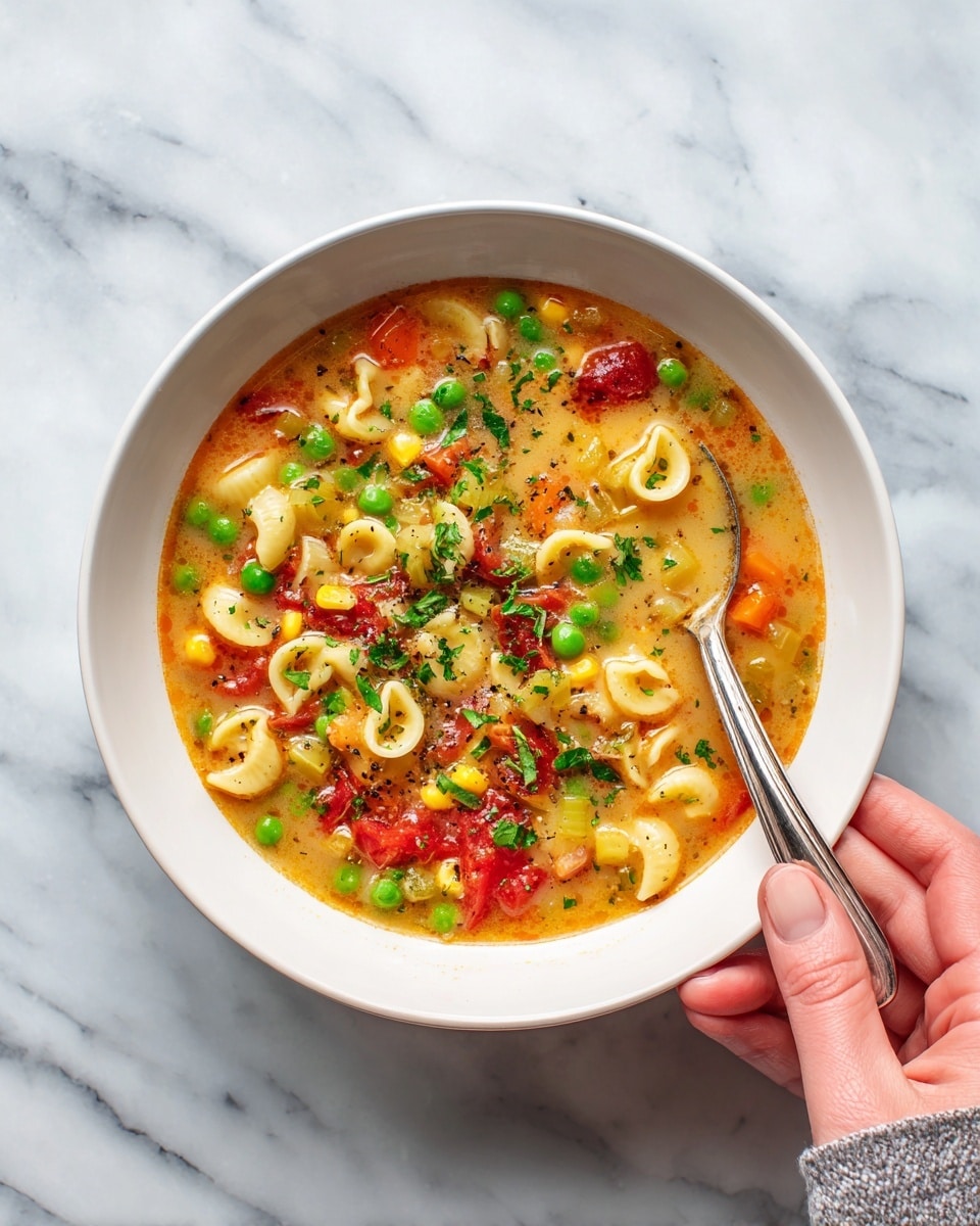 The image shows a white bowl filled with a colorful vegetable soup placed on a white marbled surface. The soup has three main layers: the top layer is scattered with chopped green herbs and peas adding a fresh green color, the middle layer consists of soft red tomato chunks and yellow corn kernels mixed with small pasta shaped like shells, and the bottom layer is a light orange broth with visible pieces of celery and small bits of beef. A metal spoon rests in the bowl on the right side, and a woman's hand is ready to hold the bowl. Photo taken with an iphone --ar 4:5 --v 7