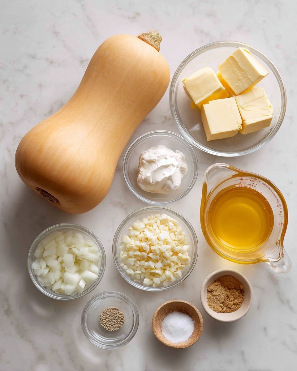 The image shows a whole butternut squash on the left side, smooth and orange-tan in color. To its right, there are several small clear bowls arranged in two rows on a white marbled surface. The top row has a bowl with white sour cream, another with three blocks of pale yellow butter, and a third bowl with grated ginger that is light yellow. Below them are a bowl filled with white diced onions, a small bowl with minced garlic that is cream-colored, and two tiny bowls with light brown ground ginger and white salt. On the far right is a clear measuring cup filled with golden yellow broth. Photo taken with an iphone --ar 4:5 --v 7