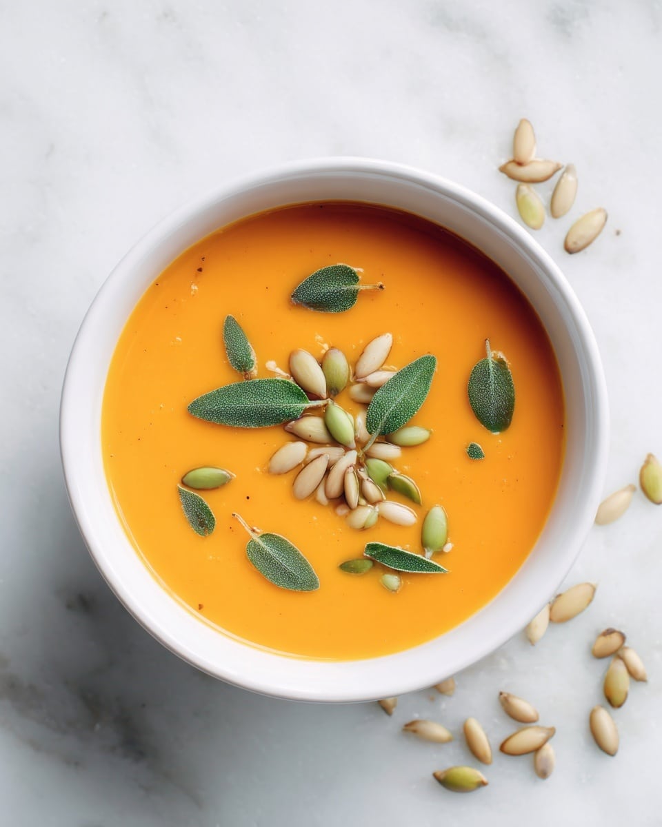 The image shows a white bowl filled with a smooth, orange soup that looks creamy. On top of the soup, there are small green leaves scattered evenly across the surface, along with many light beige seeds spread around. The bowl is placed on a white marbled surface, creating a clean and bright background. The photo taken with an iphone --ar 4:5 --v 7