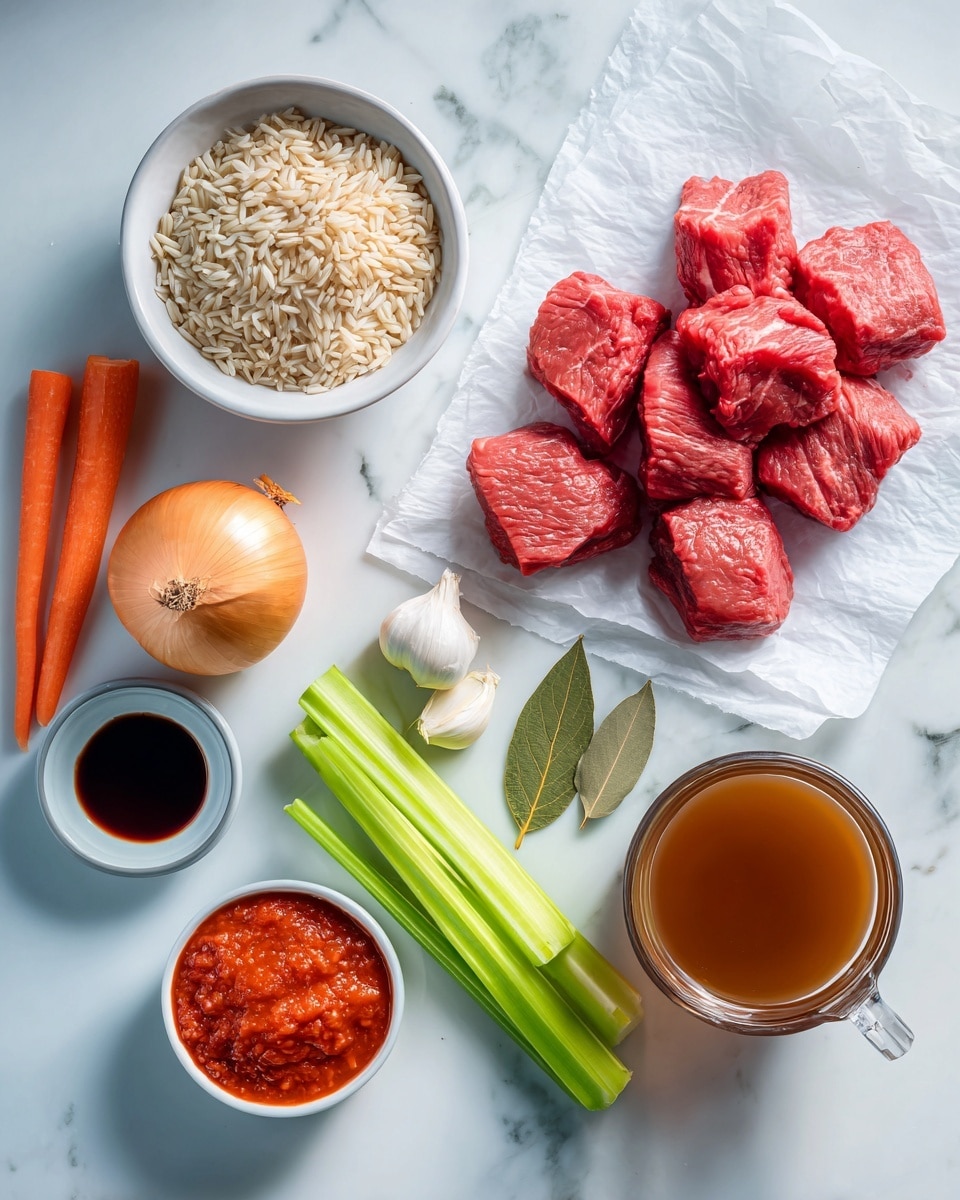 The image shows fresh raw beef pieces on white paper on a white marbled surface at the top right. To the left of the beef, a small white bowl filled with uncooked brown rice is placed. Below the rice bowl, there is a yellow onion, three garlic cloves, two dried bay leaves, and a small bowl of soy sauce. On the lower left side, three whole carrots and three celery sticks with green leaves are arranged horizontally. At the bottom center, there is a clear glass cup with brown broth, and next to it, a small white bowl filled with red tomato paste. The scene is bright with clear natural light, arranged neatly on the white marbled background. photo taken with an iphone --ar 4:5 --v 7
