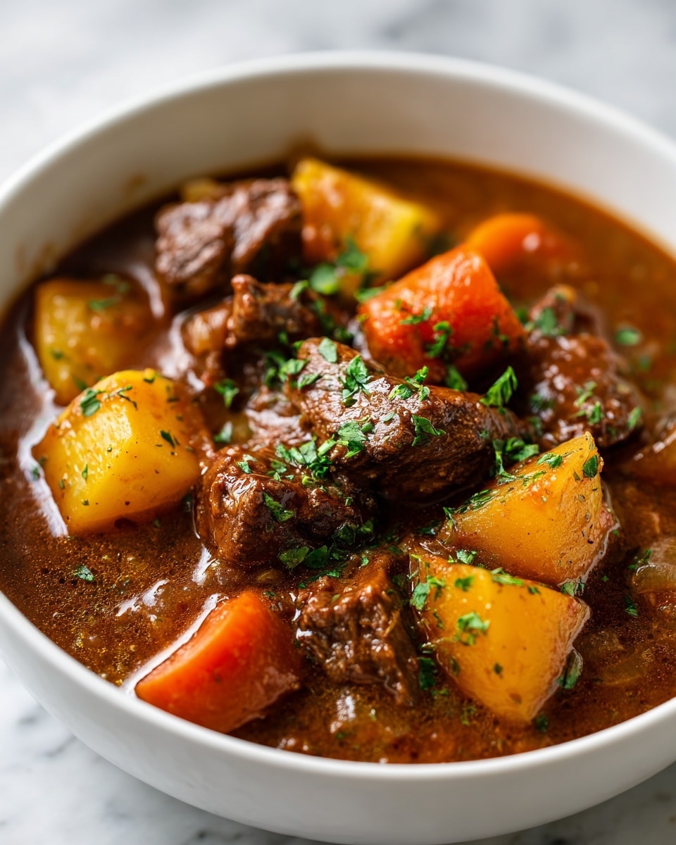 A white bowl filled with a thick, brown beef stew showing large chunks of tender beef in the center, surrounded by bright orange carrot pieces and pale yellow potato cubes. Small flecks of green herbs are scattered on top, adding a fresh touch. The soup looks rich with visible bits of onion and broth that fills the bowl almost to the edge, all placed on a white marbled surface. photo taken with an iphone --ar 4:5 --v 7