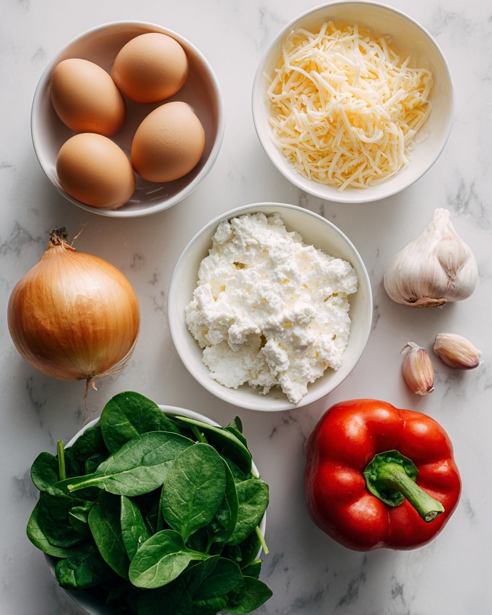 The image shows a white bowl filled with brown eggs on the top left side, next to a small white bowl of shredded cheese on the top right. Just below the cheese, two peeled garlic cloves lie on the white marbled surface. In the center, a white bowl has white cottage cheese with a slightly lumpy texture. On the bottom left, there is a whole onion with golden-brown skin and next to it, a large red bell pepper. On the bottom right, a white bowl holds fresh green spinach leaves, all placed on a white marbled background. Photo taken with an iphone --ar 4:5 --v 7