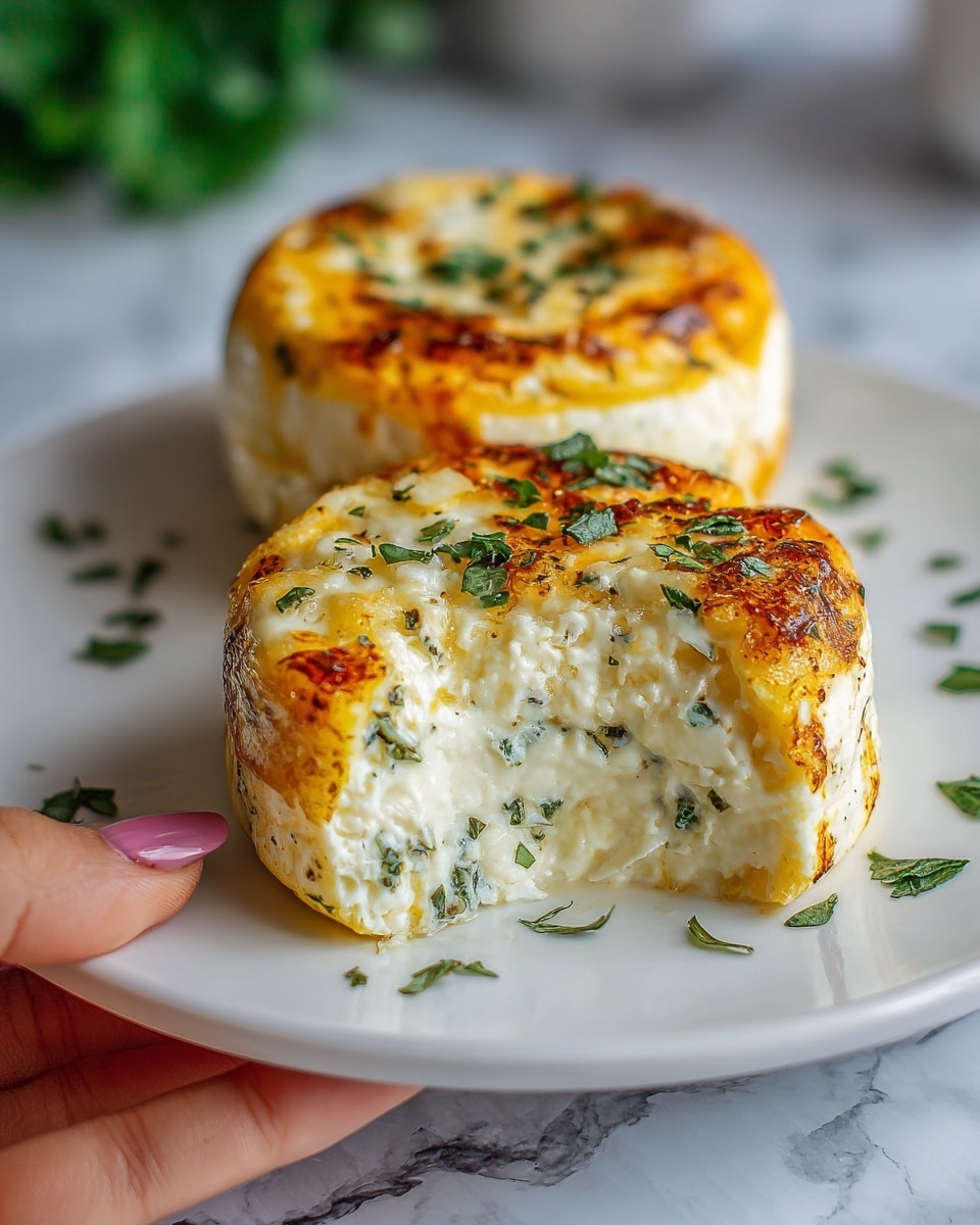 The image shows two thick, round egg bites on a white plate, each with a golden brown top mixed with melted cheese and some small green herbs scattered on top. The inside of the front egg bite is soft and creamy with bits of cheese and herbs visible, showing a smooth texture. The edges look firm and slightly browned. The plate is on a white marbled surface, and part of a woman's hand is holding one egg bite. The background is blurred with some greenery visible. photo taken with an iphone --ar 4:5 --v 7