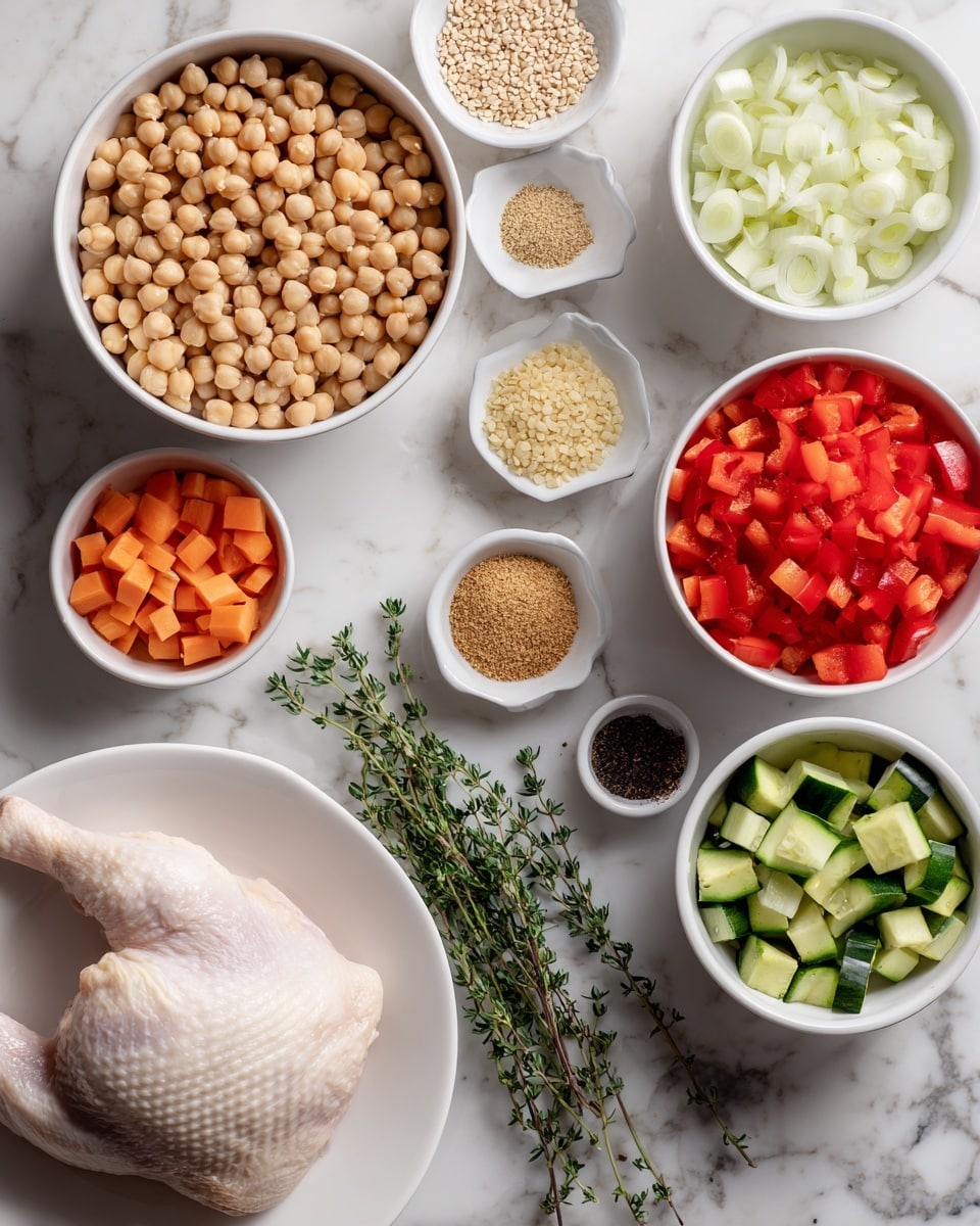 The image shows a white bowl filled with uncooked chickpeas placed at the center top. To the lower left of the chickpeas, there is a white bowl with light brown crushed grains. Below that, a white bowl with bright red chopped bell peppers is visible. To the right of the red peppers, a white bowl holds green chopped onions. Next to the onions is a white bowl with sliced pale onions. At the bottom left corner, a white bowl contains small orange carrot pieces, and beside it, another white bowl has chopped green zucchini. Centered below the chickpeas is a white plate with one raw chicken leg, and to the right of the plate are small white bowls with various spices: black pepper in a pile, a dark red powder, and a pale yellow powder. Two sprigs of fresh thyme are laid next to the chicken plate on a white marbled surface. Photo taken with an iphone --ar 4:5 --v 7
