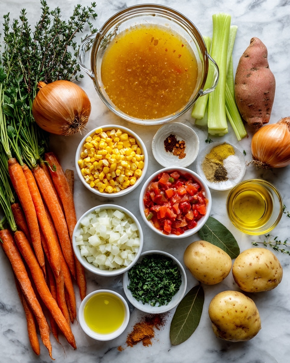 The image shows an overhead view of many fresh cooking ingredients arranged neatly on a white marbled surface. There is a glass bowl filled with golden brown broth in the center bottom. Around it are several small white bowls with colorful contents: bright red tomato sauce, green chopped herbs, white corn kernels, and light red diced tomatoes. Whole vegetables include long orange carrots, beige sweet potato, a round yellow onion, and light brown potatoes. There are also stalks of green celery and a few fresh thyme sprigs. Small piles of dried spices, a small bowl of olive oil, and some bay leaves complete the setup. The arrangement is bright and vibrant with natural textures and colors visible. photo taken with an iphone --ar 4:5 --v 7