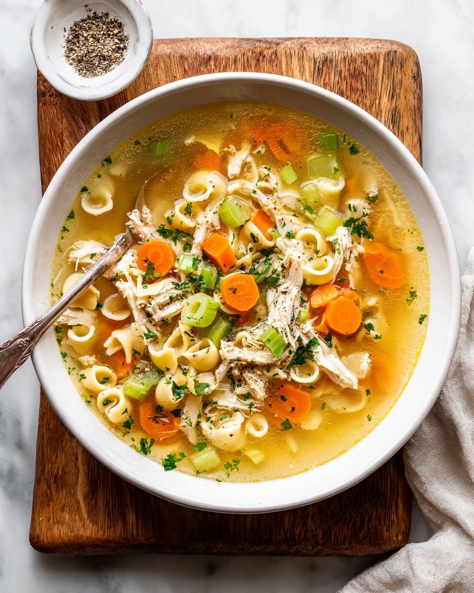 A white bowl filled with warm chicken soup sits on a wooden board over a white marbled surface. The soup has three main layers: the clear golden broth at the bottom, a mix of chopped celery and sliced orange carrots floating in the middle, and tender shredded chicken along with small round pasta noodles on top. Small chopped green herbs are sprinkled over the soup, adding flecks of green color. A silver spoon rests partially in the soup on the left side of the bowl. A small white dish with ground pepper is placed to the upper right on the wooden board. A woman's hand is holding the spoon gently. Photo taken with an iphone --ar 4:5 --v 7