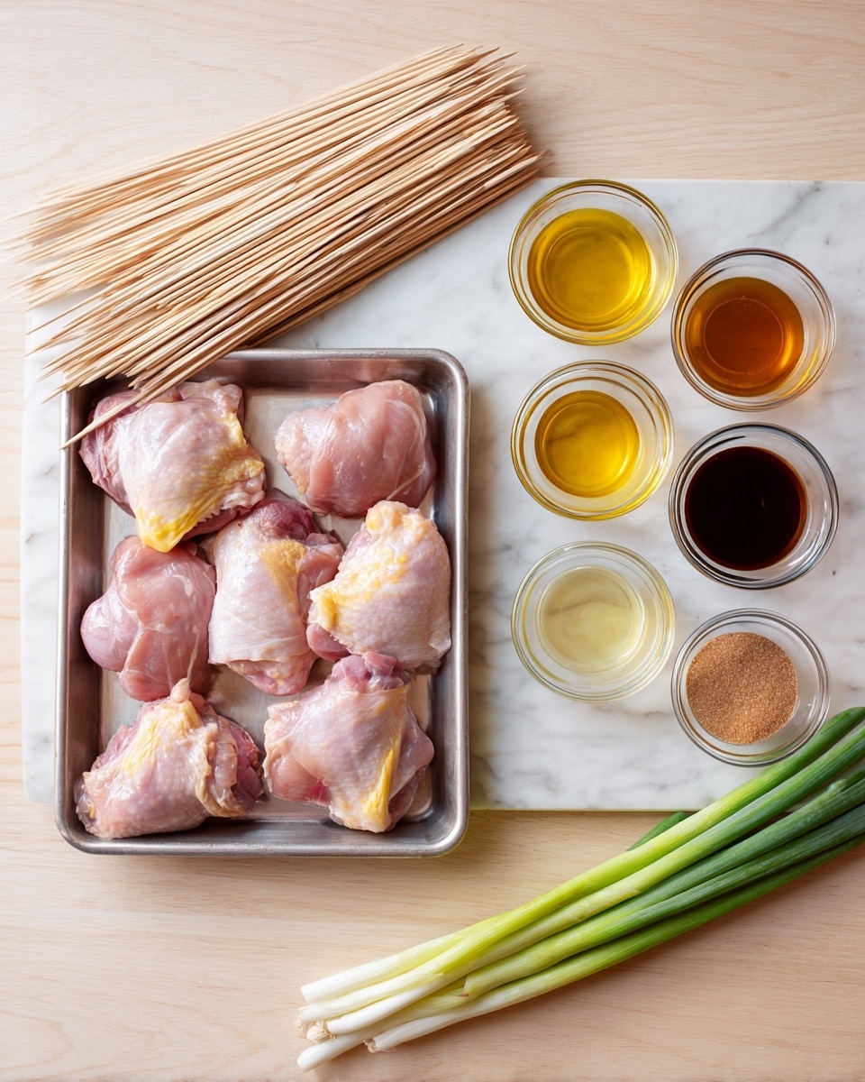 A metal tray holds seven pieces of raw, pale pink chicken thighs with some yellowish fat. To the left of the tray, there is a neat stack of wooden skewers. To the right of the tray are six small clear glass bowls arranged in two rows; the top row has a bowl of golden liquid and a bowl of dark brown liquid, while the bottom row has a bowl of light brown sugar, and two bowls of clear liquids. Below these bowls lie three long green onions, showing white to green gradient colors. The items are placed on a light wooden surface, replaced visually with a white marbled texture. photo taken with an iphone --ar 4:5 --v 7