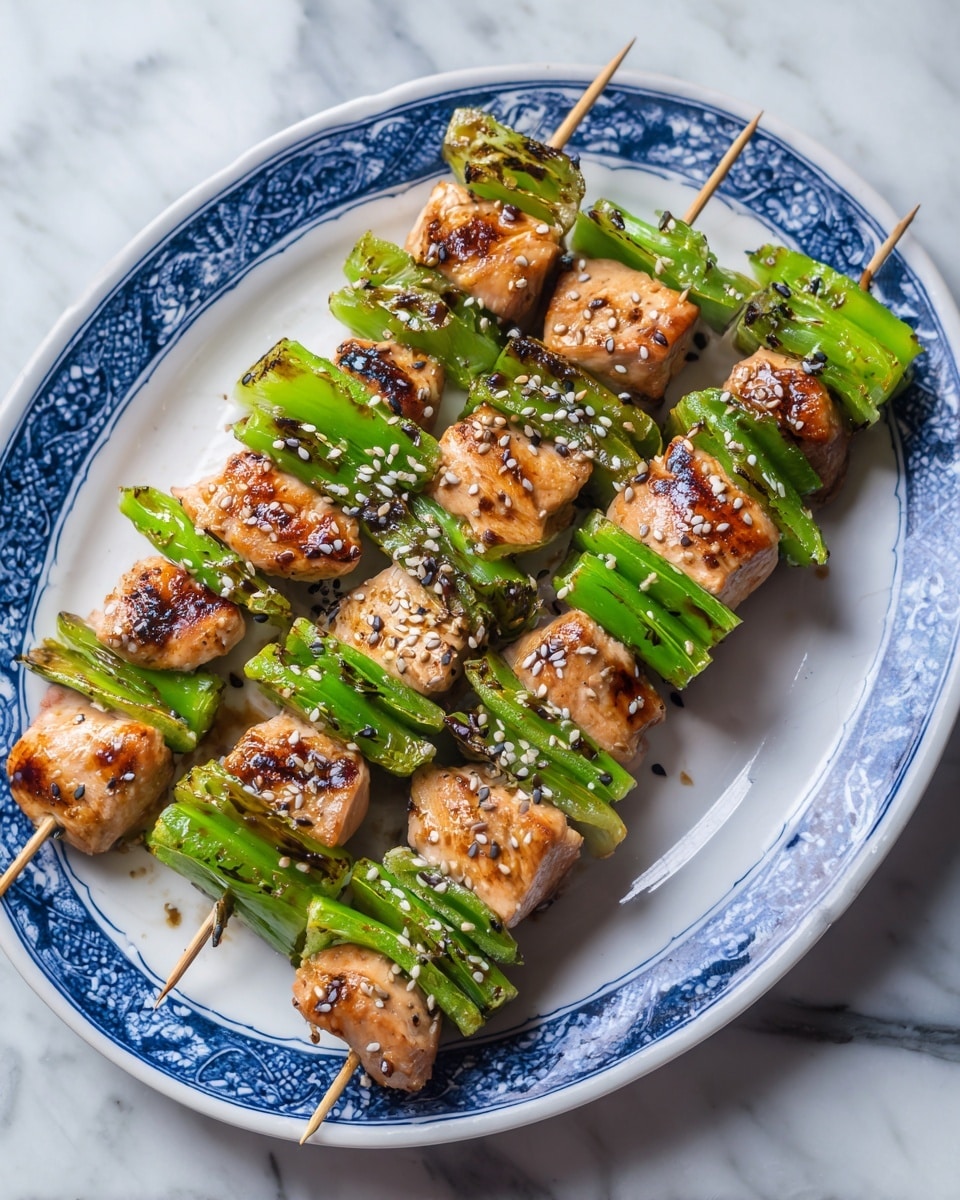 The image shows a white plate with a blue edge filled with 8 skewers of grilled chicken pieces and green vegetable slices, arranged in a neat pattern. Each skewer has small golden-brown chicken chunks with some light grill marks, alternating with green vegetable sections. The chicken looks juicy with a slight glaze, sprinkled with small sesame seeds on top. The plate is on a white marbled surface. photo taken with an iphone --ar 4:5 --v 7