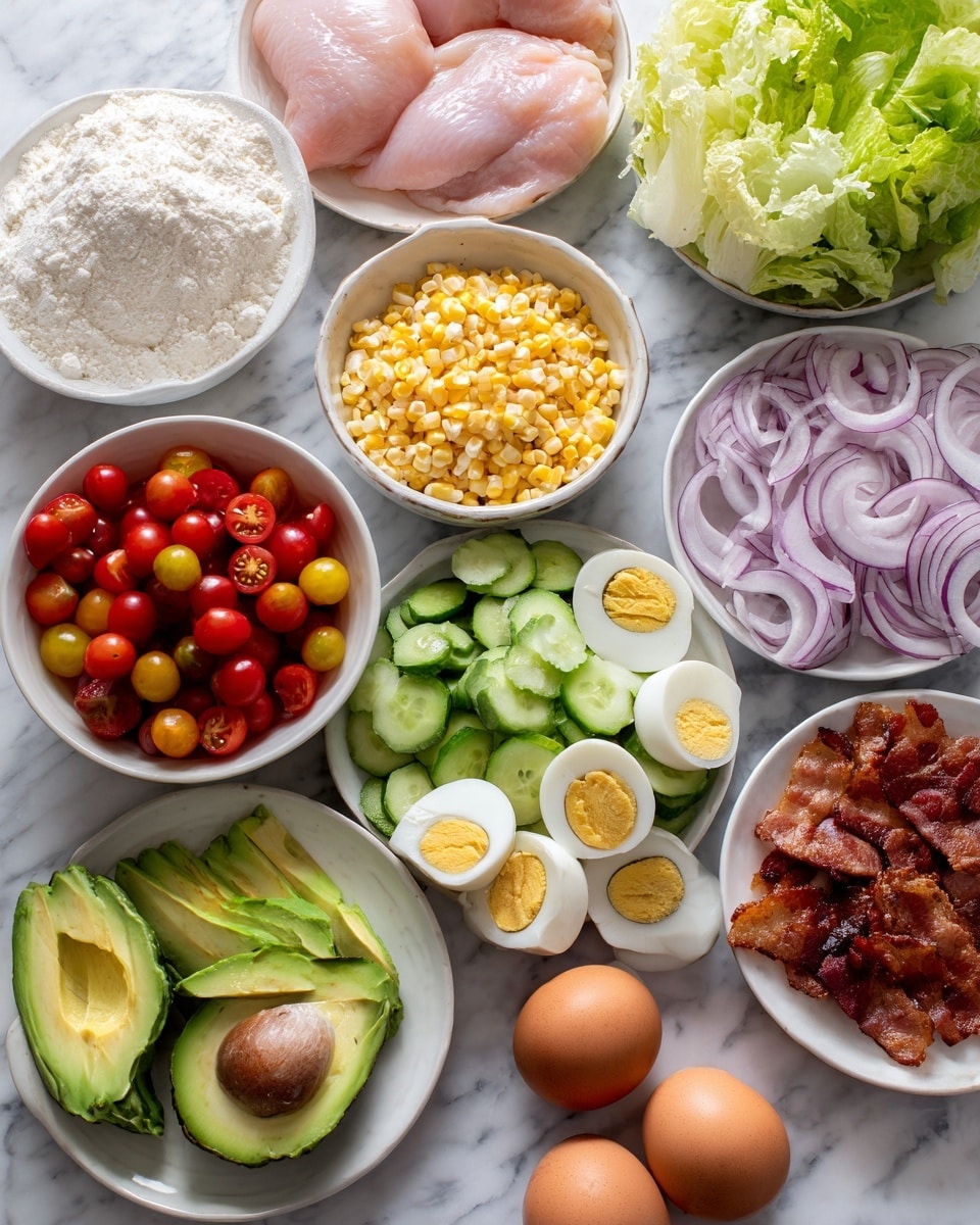 The image shows many white bowls and plates arranged on a white marbled surface, each bowl filled with different fresh ingredients. There are two raw chicken pieces that are pale pink, a bowl with white flour, another with small yellow corn kernels, and a bowl with bright red cherry tomato halves. There are green leafy lettuce pieces in a bowl, light green sliced cucumber, and thin pale purple red onion rings. A bowl contains sliced avocado halves with light green flesh and brown pits, and another bowl has small crispy brown bacon pieces. There are two whole brown eggs next to the bowls. The scene is colorful and fresh, showing a variety of textures from soft chicken to crunchy vegetables, all ready for making a meal, photo taken with an iphone --ar 4:5 --v 7