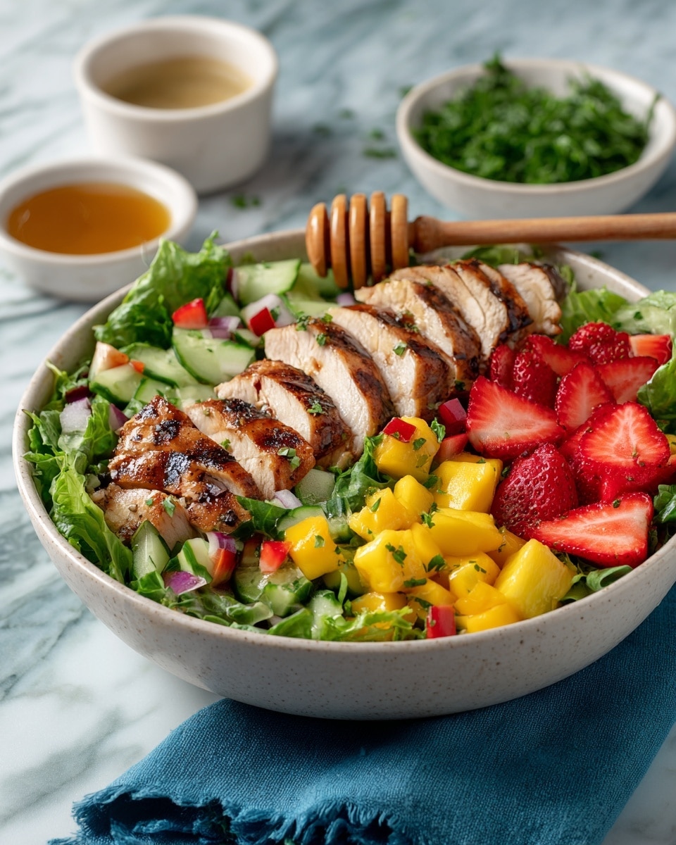 This image shows a large white bowl filled with a colorful layered salad on a white marbled surface. The bottom layer is chopped leafy green lettuce that looks fresh and crisp. On top of the lettuce, there are slices of grilled chicken with brown grill marks, arranged evenly. Bright red strawberry slices are scattered across the bowl, adding a pop of color. Mixed in are small cubes of yellow mango, thin slices of cucumber, and bits of red and green bell peppers, creating a vibrant mix. A wooden honey dipper rests on the side over the salad, and a small white bowl filled with green chopped herbs and another white bowl with a light brown sauce are placed in the background. A blue cloth napkin lies under the bowl on the marble surface. photo taken with an iphone --ar 4:5 --v 7