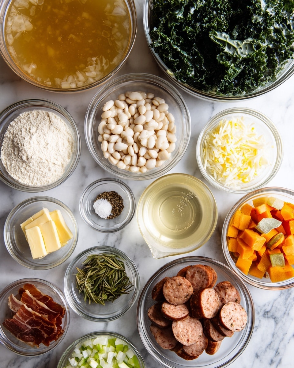 This image shows many clear and white bowls of cooking ingredients on a white marbled surface. The front row has small glass bowls with minced garlic, two yellow butter squares, a pale liquid, salt, and cracked black pepper. Behind these are a white bowl with white beans, a small glass bowl with white flour, and a small glass bowl with bright yellow lemon zest. At the middle left, a large clear bowl is filled with light brown broth. Next to it is a large clear bowl with dark green leafy kale. To the right, there are clear and white bowls containing chopped white onions, green chopped celery, orange chopped butternut squash, and thick slices of browned sausage. There is also a small clear bowl with fresh green herb sprigs, a small clear bowl with raw bacon strips, and a measuring cup with a pale clear liquid. All bowls sit neatly on the white marbled surface, evenly spaced in rows. Photo taken with an iphone --ar 4:5 --v 7