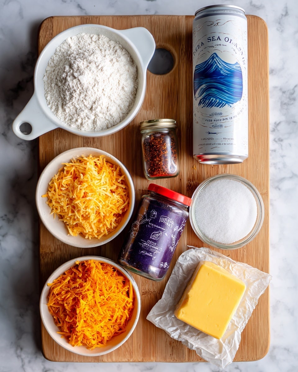 The image shows a wooden board on a white marbled surface with several ingredients placed on it. On the top left, there is a white measuring cup filled with white flour. To its right, there is a bag of sea salt standing upright. Below the flour, there is a can of light beer with white and blue label, next to a small glass jar with a purple lid filled with a red spice blend. Next to the spice jar, there is a white bowl filled with white granulated sugar. On the bottom left, a white bowl holds shredded orange cheese. To the right of the sugar bowl, there is a small red tin of baking powder. At the bottom right corner, there is a small wrapped block of yellow butter. The overall arrangement is neat and organized on the board. Photo taken with an iphone --ar 4:5 --v 7