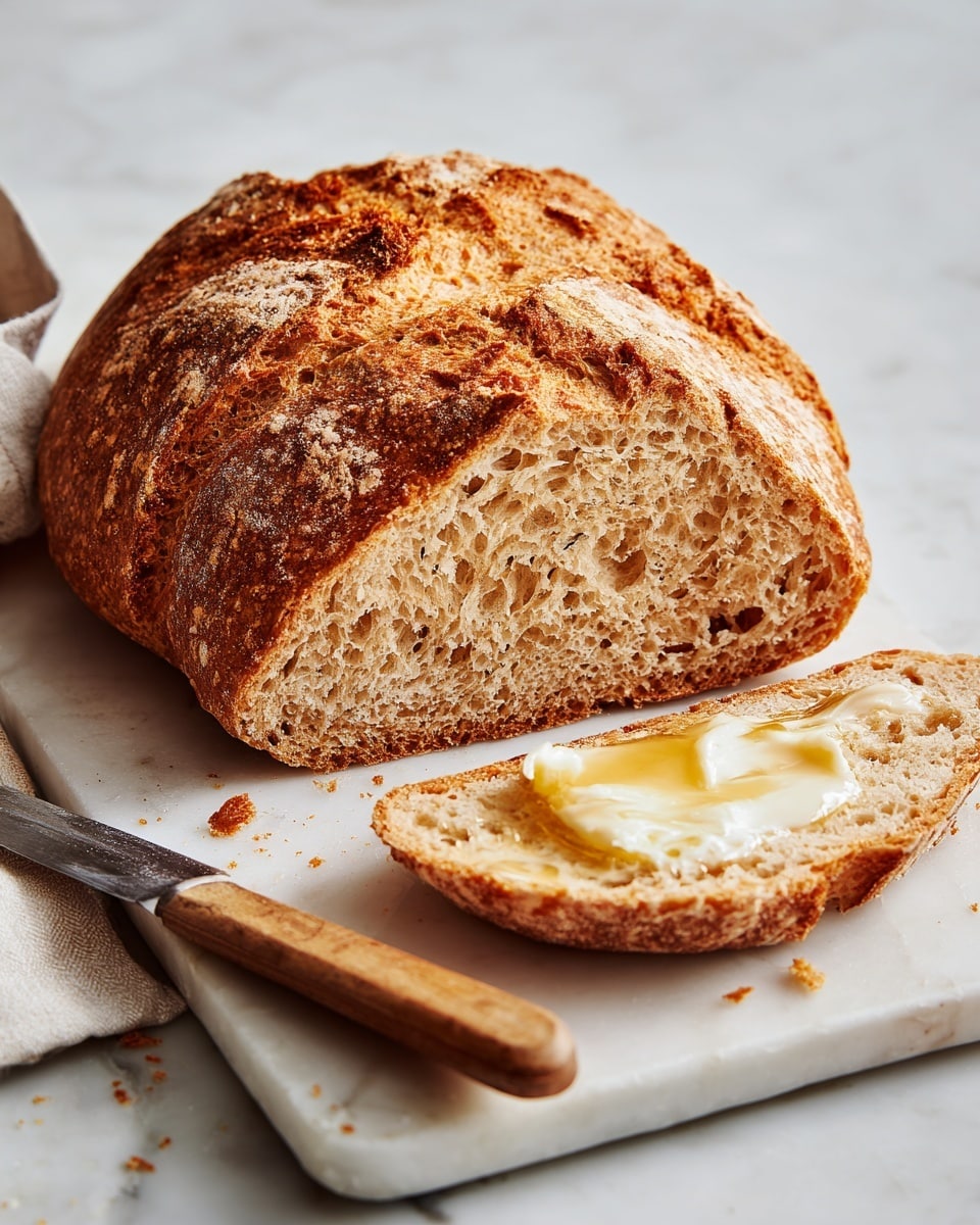 A loaf of golden brown bread with a textured, slightly shiny crust sits on a white cutting board over a white marbled surface. The bread is sliced, showing a soft, light brown inside with a slightly crumbly texture. One slice in the front has a smooth layer of melted butter spread across it, with some crumbs around it. A wooden butter knife rests diagonally on the cutting board next to the bread. Photo taken with an iphone --ar 4:5 --v 7