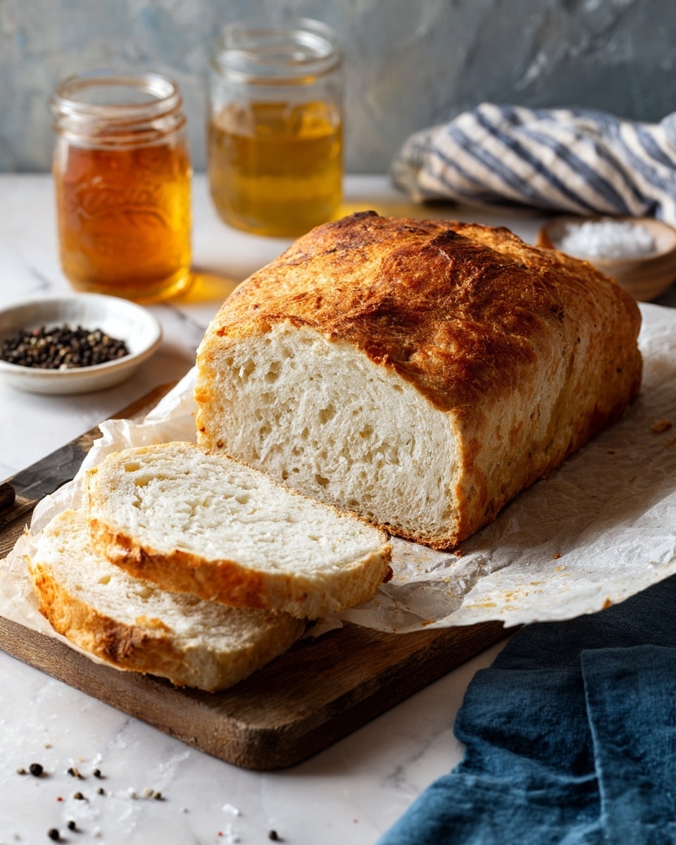 A loaf of bread with a rough, golden-brown crust sits on a piece of parchment paper on a wooden board. Three slices are cut from the loaf, showing a soft and light off-white inside with a slightly crumbly texture. In the background, there are two glass jars filled with a light amber liquid and a small white bowl of black peppercorns. The setting includes a striped cloth and a deep blue napkin on a white marbled surface. Photo taken with an iphone --ar 4:5 --v 7