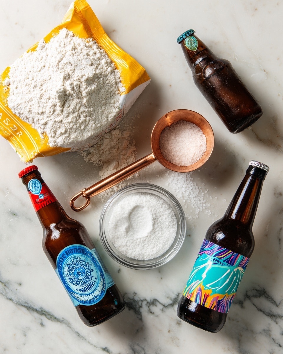 The image shows a top-down view of baking ingredients arranged on a white marbled surface. There is a large white bowl filled with a mound of white flour with a slightly uneven texture on the upper right. Next to it on the right side is a yellow and white bag of self-rising flour. In the center bottom, there is a small white bowl of white granulated sugar. To its right, there is a light yellow block of salted butter. On the left side of the bowl, there is a brown glass bottle with a white and red label that reads