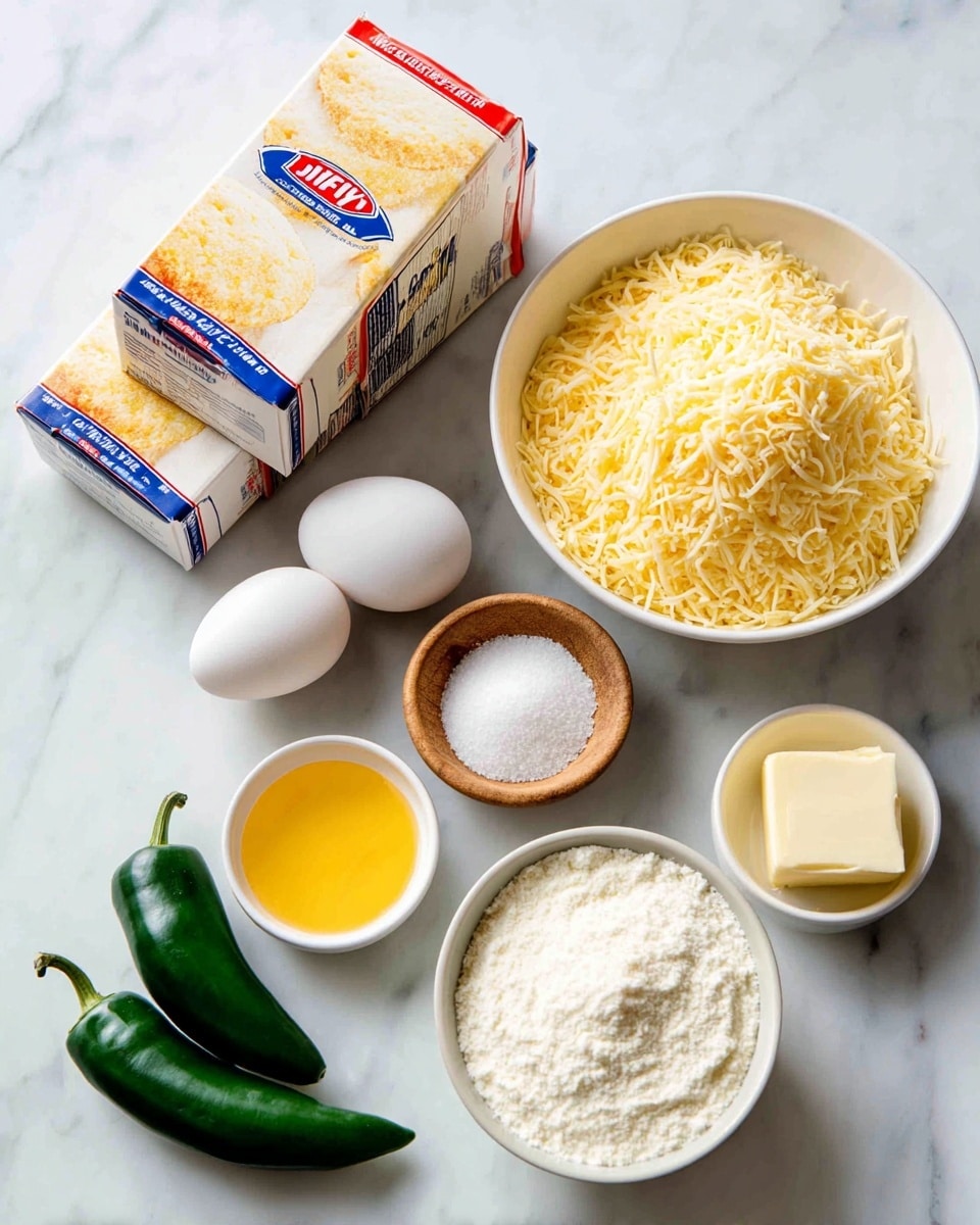Two boxes of Jiffy corn muffin mix with bright red, blue, and white packaging are placed on a white marbled surface, one box leaning diagonally against the other. To the right, a white bowl is filled with a large pile of shredded yellow cheese. Below, two white eggs lie side by side, near a small wooden bowl of white granulated sugar. Also near the bottom left are three fresh green jalapeno peppers, and a small white bowl filled with melted yellow butter. Lastly, a larger white bowl at the bottom right contains smooth, creamy white sour cream. photo taken with an iphone --ar 4:5 --v 7
