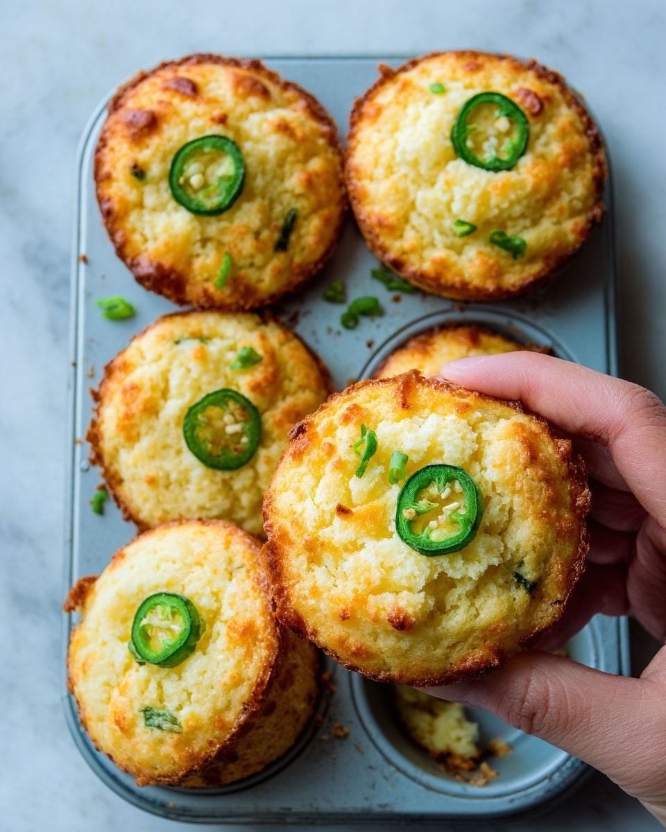 The image shows five golden-brown muffins in a light blue metal muffin tray set on a white marbled surface. Each muffin is fluffy with a slightly crisp top and is decorated with two to three thin slices of green jalapeño pepper embedded in the surface, giving a spicy accent. The muffins have a soft texture with warm yellow and light brown coloring from baking, and small darker brown spots are visible where the cheese or seasoning has crisped. One muffin is being gently held, showing its round shape and slightly domed top. Some crumbs rest in the tray wells and on the surface, adding a fresh-baked feel. photo taken with an iphone --ar 4:5 --v 7