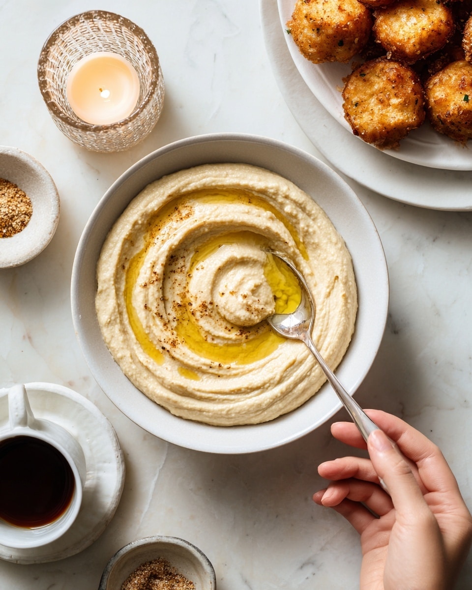 A white round bowl filled with smooth light beige hummus, swirled in the center with golden olive oil. A spoon rests in the hummus, creating soft waves in the creamy texture. A woman's hand is gently holding the edge of the bowl on a white marbled surface. Nearby, there is a white plate with golden brown fried pieces and a small candle in a textured glass holder. Also visible are a white cup with dark liquid and a small bowl with a spice mix. Photo taken with an iphone --ar 4:5 --v 7