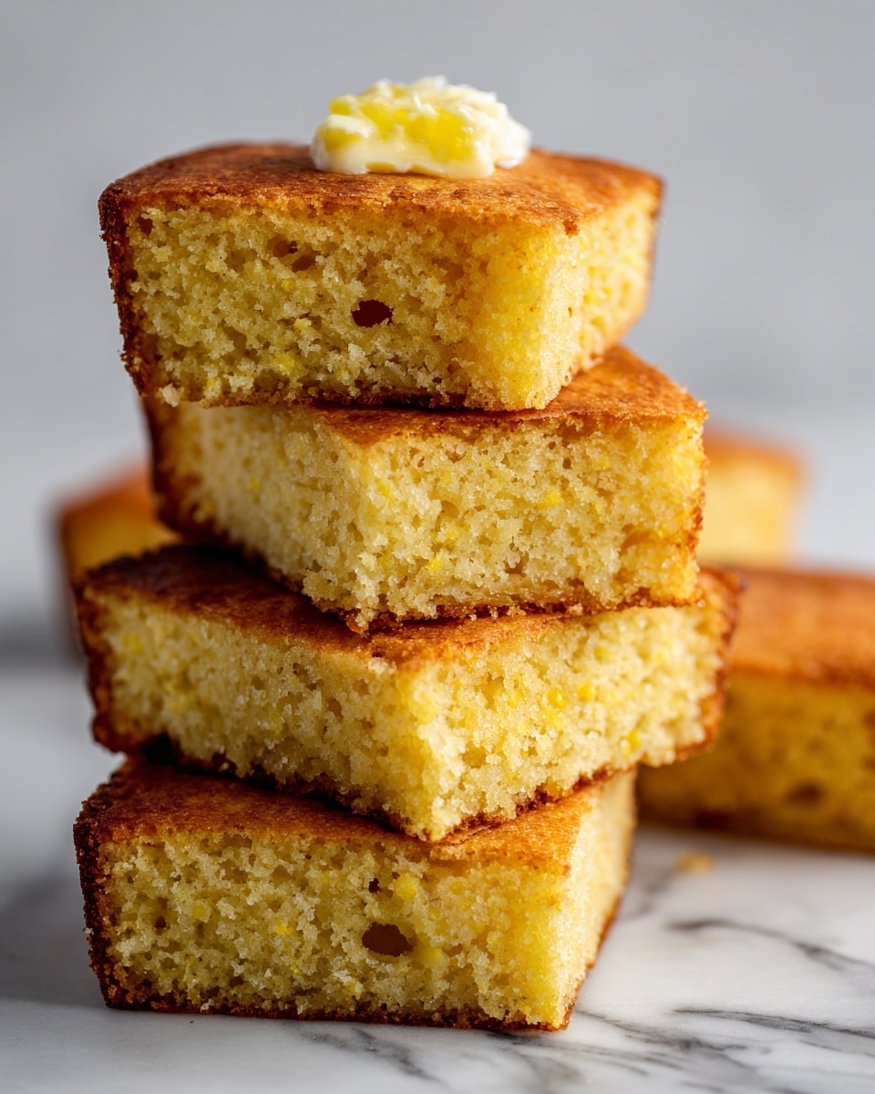 The image shows a stack of four square cornbread pieces, each with a light golden brown texture. The top piece is balanced slightly off-center on the ones below, showing its soft, crumbly inside with tiny air pockets. A small dollop of light yellow butter is spread on the very top of the top piece. The cornbread rests on a white surface with a subtle white marbled texture in the background. The focus is on the detailed texture of the cornbread crumb, making it look fresh and soft. photo taken with an iphone --ar 4:5 --v 7