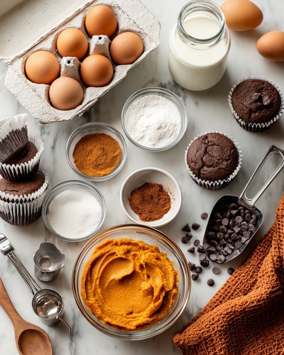 The image shows a top view of various baking ingredients and tools spread on a white marbled surface. There are four brown eggs in a white carton, one egg outside the carton, a glass jar filled with white milk, and a white bowl filled with smooth orange pumpkin puree. Next to these are small glass bowls holding white sugar, brown sugar, and ground spices, along with a small bottle of vanilla extract with its black cap removed and placed nearby. A stack of empty white cupcake liners sits inside a striped metal muffin tray. There are also several measuring spoons made of metal, a few metal measuring cups, a handful of dark chocolate chips scattered around with a metal scoop filled with more chocolate chips, a wooden spoon resting inside a large clear glass mixing bowl, and an orange textured cloth partly visible in the corner. Photo taken with an iphone --ar 4:5 --v 7