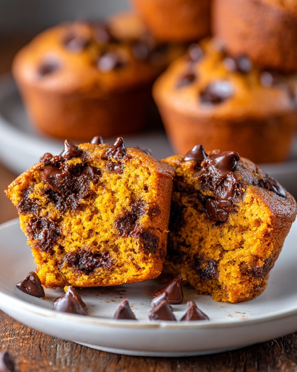 A close-up of a pumpkin chocolate chip muffin split in half, showing a soft, moist orange pumpkin cake inside filled with melted dark brown chocolate chips. The muffin top is round and risen, dotted with many whole chocolate chips that are slightly melted and shiny. The muffin sits on a simple white plate placed on a wooden surface, with more whole muffins blurred in the background. Some chocolate chips are scattered near the plate. The overall texture looks fluffy with gooey chocolate pieces inside and a slightly firm top. photo taken with an iphone --ar 4:5 --v 7