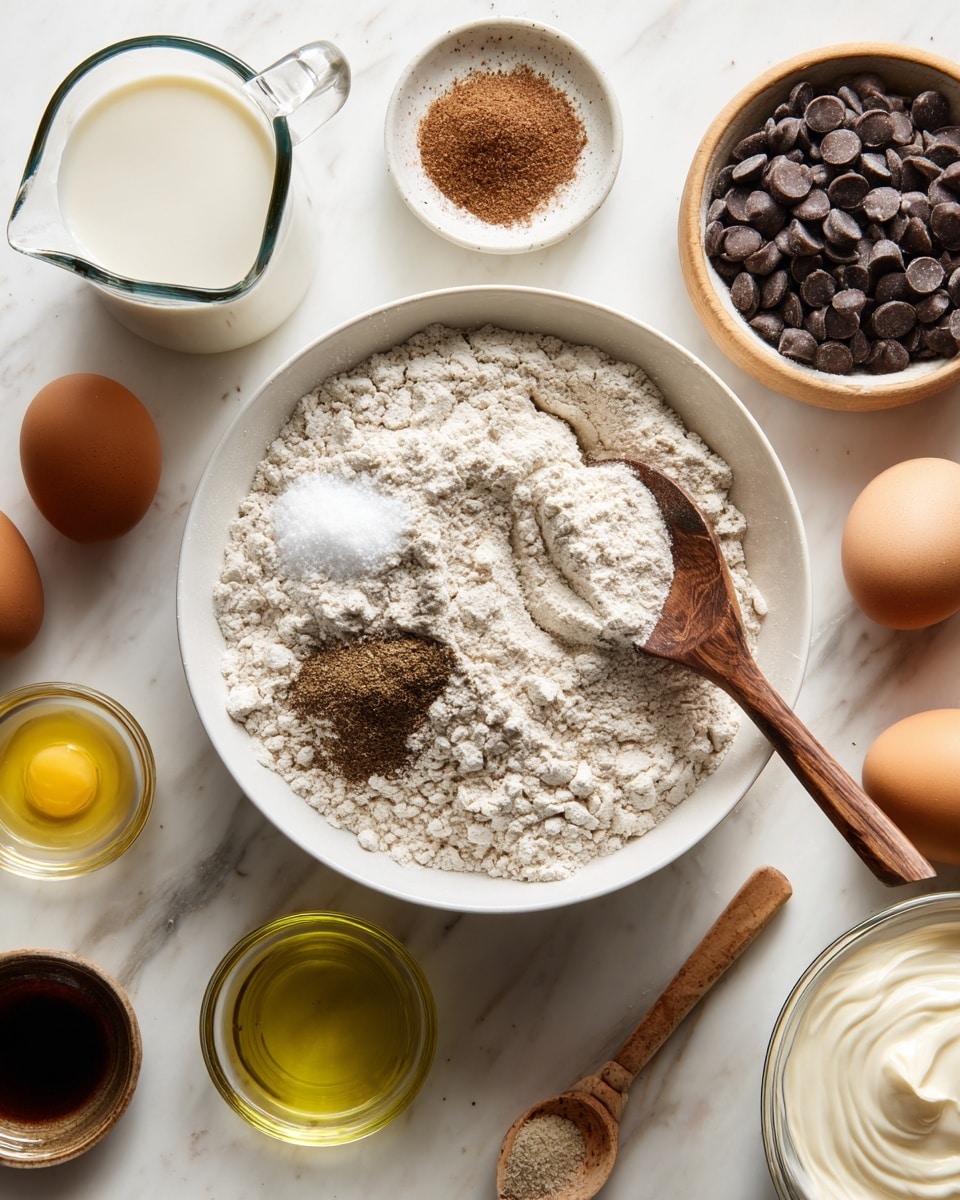 A white bowl filled with dry ingredients, including white and light brown flour, a small pile of brown spice, and white sugar, with a wooden spoon resting inside. Around the bowl, on a white marbled surface, there is a glass measuring cup with white milk, a small white bowl filled with dark chocolate chips, two brown eggs, a small glass cup with light yellow liquid, a glass bowl with thick white cream and a small wooden spoon, a glass bowl with olive oil, and a glass jar with dark brown liquid. Photo taken with an iphone --ar 4:5 --v 7