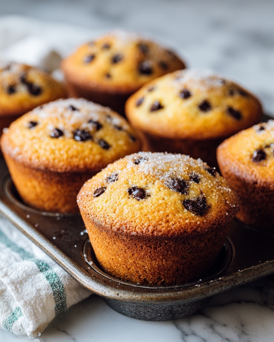 The image shows six round chocolate chip muffins sitting on a dark metal baking tray, with a soft, golden brown texture and dark chocolate chips scattered throughout each muffin. The muffins have a slightly cracked top with a light sprinkle of sugar, giving a rough texture. The baking tray rests on a white marbled surface with a white and green striped cloth beside it. The focus is on the muffin in the front, with the other muffins softly blurred in the background. photo taken with an iphone --ar 4:5 --v 7
