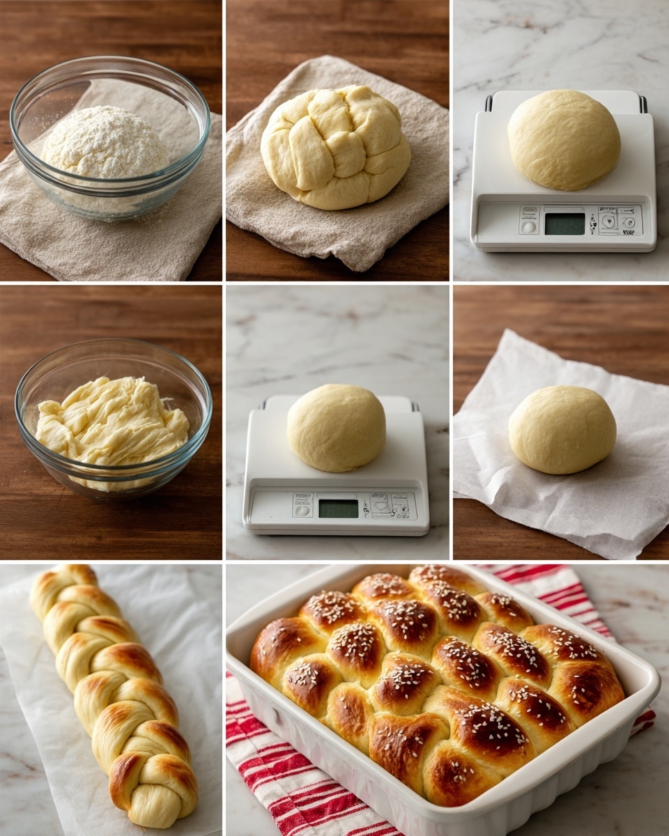 The image shows a step-by-step process of making braided bread dough in nine parts, arranged in a grid of three rows and three columns. The first row shows dough in a clear glass bowl with a beige cloth, then the dough puffed up inside the bowl on a brown wooden surface, and finally a round dough ball on a white marbled surface. The second row displays a smooth round dough ball on the white marbled surface, then a smaller dough piece on a white digital scale, followed by three rolled sticks of dough laid side by side on the white marbled surface. The last row shows the three dough strands braided on white parchment paper on a baking sheet, the braided dough covered partially with a red and white striped cloth, and a close-up of the fully baked golden braided bread topped with white sesame seeds in a white baking dish. photo taken with an iphone --ar 4:5 --v 7