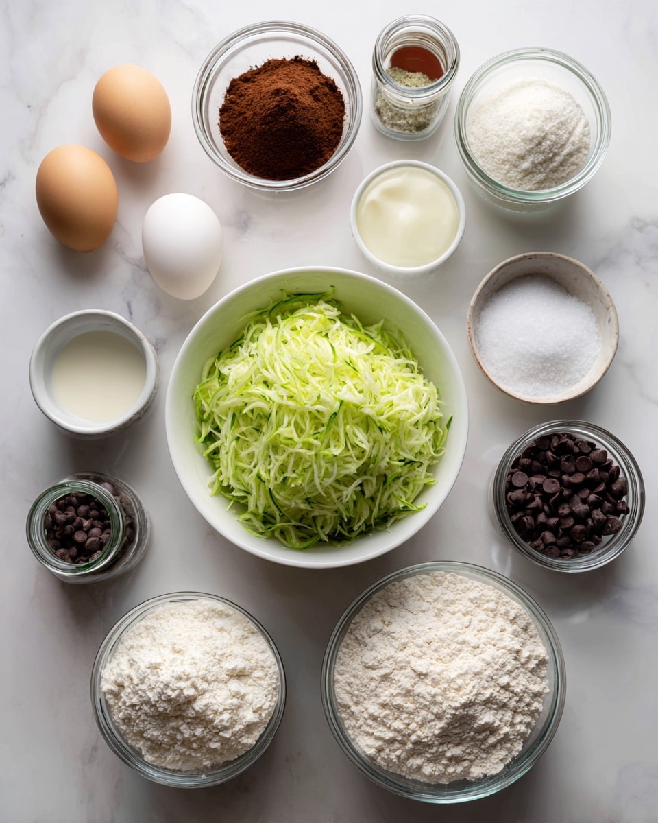 The image shows a flat lay of various ingredients arranged in small white and clear glass bowls on a white marbled surface. At the center, there is a white bowl filled with shredded green zucchini. Surrounding it are two white eggs, a small glass jar of powdered brown cocoa, a small glass container of white liquid, a small bowl of white creamy substance, a glass jar of light brown sugar, a smaller jar of dark chocolate chips, a small bottle of vanilla extract, a large jar of white flour, a bowl of white granulated sugar, and a small jar of salt. All items are neatly spaced with the bright, clean white marbled background enhancing the freshness of the ingredients photo taken with an iphone --ar 4:5 --v 7