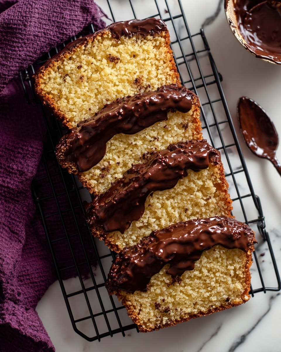 Four slices of a light-colored cake with many small dark chocolate chips are placed on a black cooling rack over a white marbled surface. Each slice has a soft, crumbly texture with a golden-brown crust at the edges. On top of the slices, there is a thick layer of glossy, melted dark chocolate spread unevenly, adding a shiny, smooth contrast to the rough texture of the cake. To the right side of the rack, there is a spoon covered with the same melted chocolate. A purple cloth is seen on the left side of the image. Photo taken with an iphone --ar 4:5 --v 7