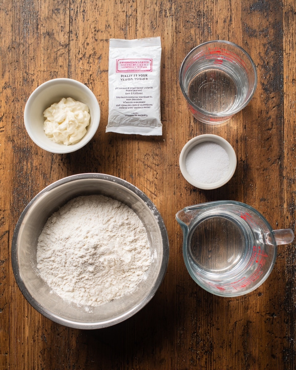 The image shows a flat wooden table with five items arranged neatly for baking. At the center bottom is a silver metal bowl filled with white flour. Above it in the center is a small white packet of platinum baking yeast with red and black text. To the left of the yeast packet is a small white bowl holding a creamy, light beige mixture with a few lumps. Below that bowl is a small clear glass bowl containing fine white salt. To the right of the yeast packet is a clear glass measuring jug with red markings, filled halfway with clear water. All items are placed on the wooden table with no other distractions. Photo taken with an iphone --ar 4:5 --v 7