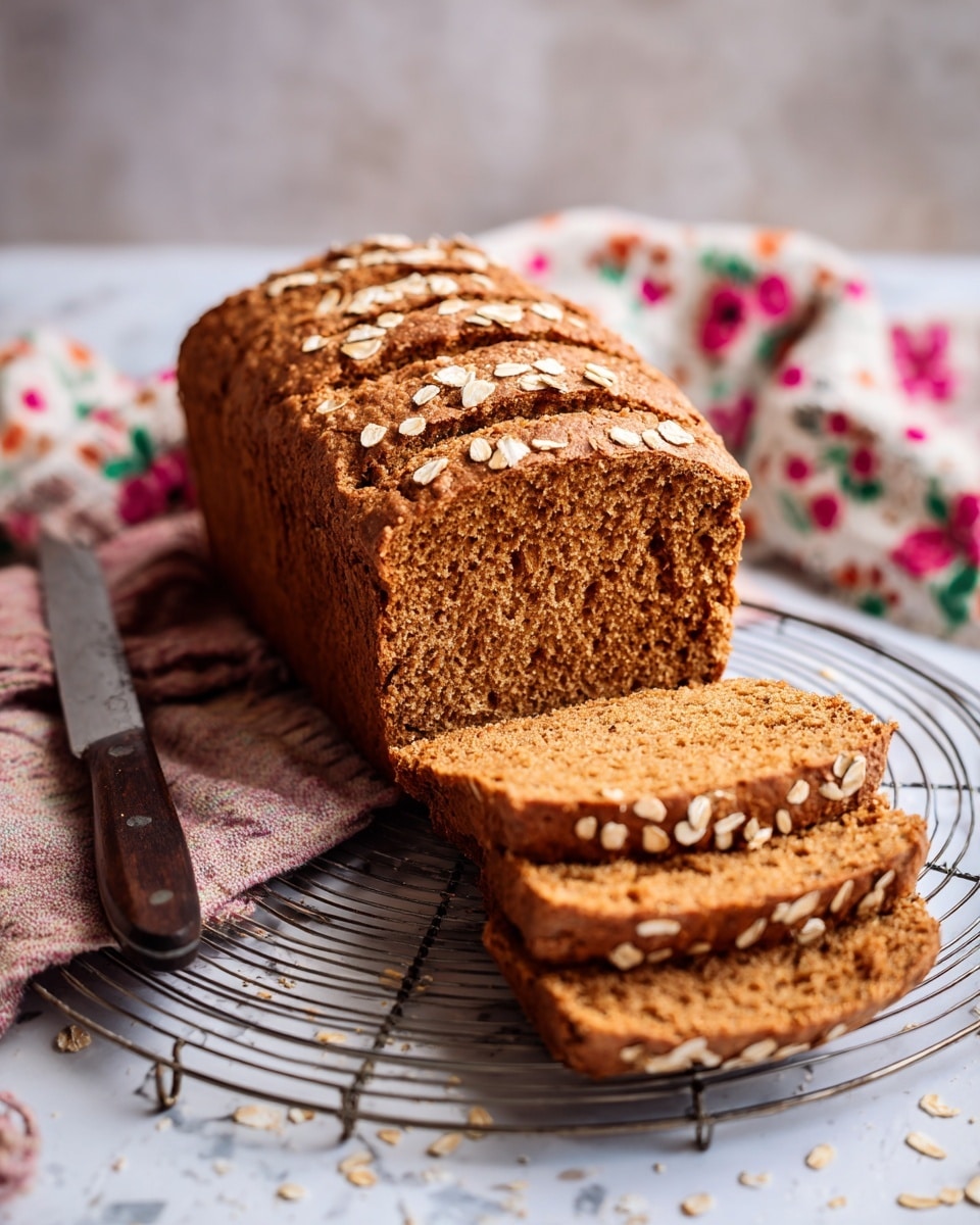 A loaf of brown bread resting on a round white cooling rack over a white marbled surface with a colorful floral cloth beneath. Three slices are neatly placed in front of the loaf, showing a soft, dense texture. The top of the loaf is decorated with scattered light brown oat flakes and has two textured, slightly cracked lines running lengthwise. A knife with a dark handle lies next to the loaf. photo taken with an iphone --ar 4:5 --v 7