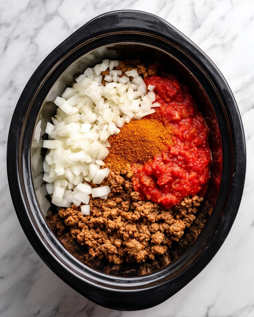 Inside a black slow cooker, there are four main layers of ingredients. At the bottom left, there is cooked ground meat with a brown, crumbly texture. On the top left, a layer of small, white diced onions adds a light, fresh contrast. On the right side, a vibrant red layer of crushed tomatoes covers part of the meat. Next to the tomatoes, a dark orange layer of spice powder sits on top of the ground meat. The black slow cooker rests on a white marbled surface. photo taken with an iphone --ar 4:5 --v 7