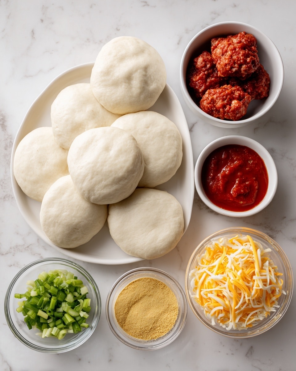 The image shows six small white bowls and a white plate with round dough pieces, all placed on a white marbled surface. On the white plate are about eight soft, white dough rounds, stacked and overlapping each other. A white bowl next to it holds two thick blocks of raw ground meat with a curly texture in a rich red color. Another small white bowl contains bright yellow ground spice powder with a grainy texture. Beside it is a bowl filled with chopped green onions, fresh and bright green. There is also a clear bowl full of shredded cheddar cheese, vibrant yellow and fluffy. Two small white bowls hold smooth tomato sauce and chunky red salsa with visible pieces of vegetables. Photo taken with an iphone --ar 4:5 --v 7