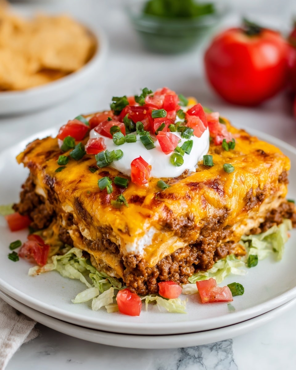A square layered dish sits on a white plate over a white marbled surface. The bottom layer is a bed of shredded green lettuce spread evenly. On top is a thick layer of a baked tortilla filled with seasoned ground meat, covered by a melted bright orange cheese layer with bubbly, browned spots. Over the cheese, scattered bright red diced tomatoes and chopped fresh green onions add color. At the center, a dollop of white sour cream rests, topped with more diced tomatoes and green onions. In the background, halved fresh tomatoes and some tortilla chips are partly visible. photo taken with an iphone --ar 4:5 --v 7
