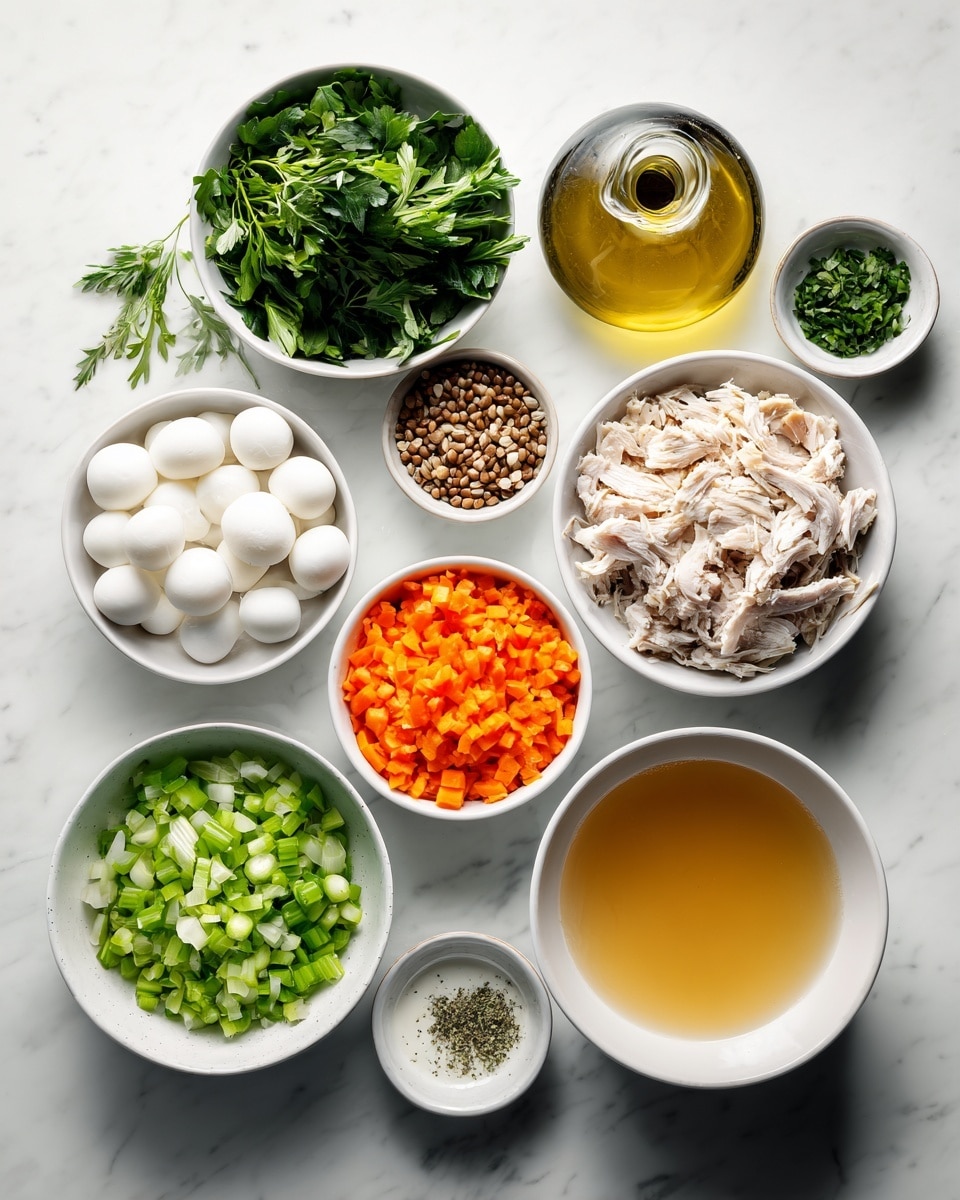 The image shows several small white bowls arranged on a white marble surface, each containing different ingredients for a recipe. From top to bottom and left to right, there is a bowl of fresh green leafy herbs, a dish with small brown seeds, a glass bottle with golden oil, a bowl filled with small white balls of mozzarella cheese, a bowl of orange diced carrots, a bowl filled with finely chopped white onions, a bowl of chopped green celery, shredded light-colored cooked chicken in a separate bowl, a bowl of clear golden broth, a small bowl with white creamy liquid, and a tiny bowl of light greenish dried herbs. The setup is neat and brightly lit, showing all ingredients clearly and separately. photo taken with an iphone --ar 4:5 --v 7
