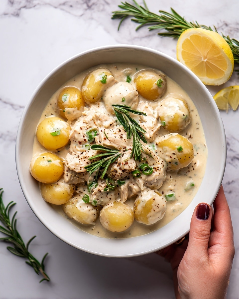 The image shows a white bowl filled with creamy chicken and potato stew. The dish has four layers: the bottom layer with small whole potatoes, the next with chunks of cooked chicken mixed throughout, covered by a thick creamy sauce that is pale beige with a smooth texture, and topped with fresh green rosemary sprigs and a sprinkle of black pepper and herbs. The bowl is placed on a white marbled surface with some rosemary and a lemon wedge nearby. A woman's hand is holding the bowl from the right side. Photo taken with an iphone --ar 4:5 --v 7