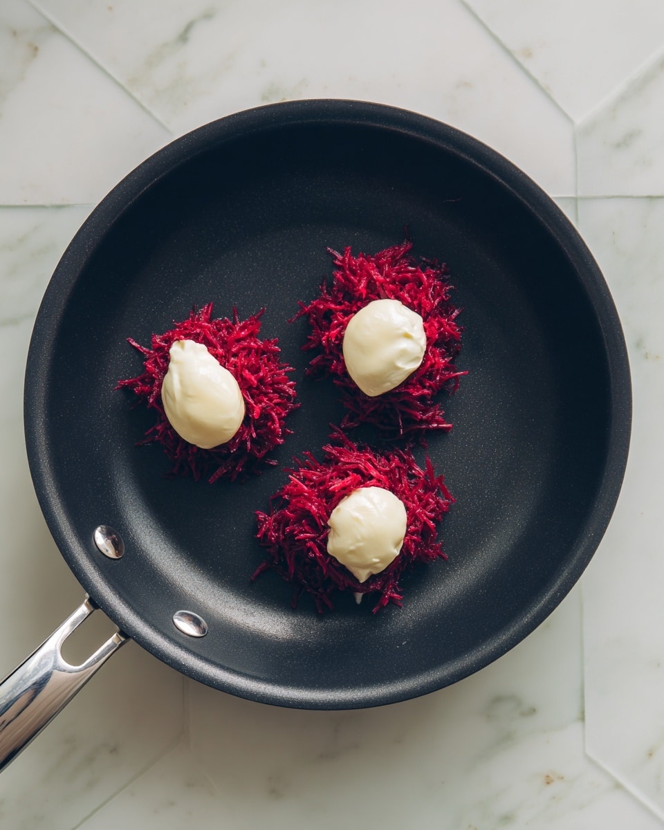 The image shows a black frying pan on a white marbled surface. Inside the pan, there are three small piles of shredded red beet, each topped with a dollop of white cream or sauce. The beet piles have a rough, fibrous texture, and the white cream on top is smooth and slightly rounded, sitting at the center of each pile. The pan handle extends to the left side, and the background includes pale greenish tiles. photo taken with an iphone --ar 4:5 --v 7