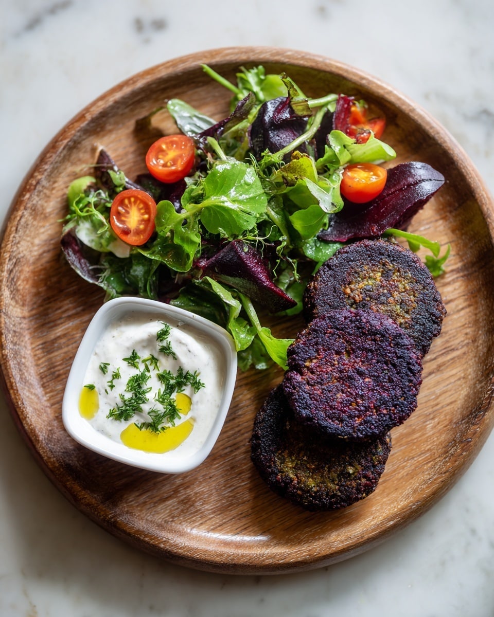 A round wooden plate holds three dark purple beet patties stacked close to each other on the right side, with a mix of green leaves and small halved red cherry tomatoes placed loosely on the left side. Below the greens, a small square white bowl filled with creamy white yogurt sauce topped with green herbs and a drizzle of golden olive oil sits near the bottom left of the plate. The entire plate is on a white marbled surface. photo taken with an iphone --ar 4:5 --v 7