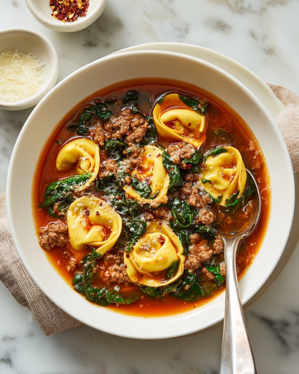 A white bowl filled with a rich reddish-orange broth, layered with folded yellow tortellini pieces floating on the surface. Dark green spinach leaves are scattered throughout the soup, mixed with small pieces of cooked ground meat that add a textured brown layer. The bowl rests on a white marbled surface with a spoon inside the bowl on the right side. In the background, there are small white bowls containing grated cheese and crushed red pepper flakes. Photo taken with an iphone --ar 4:5 --v 7