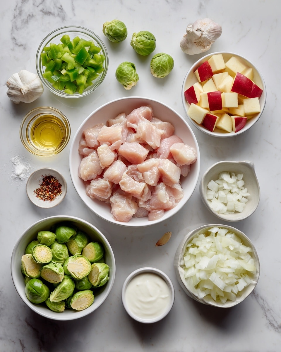 The image shows ingredients for cooking arranged neatly on a white marbled surface. In the center, there is a white bowl filled with raw chicken pieces, pale pink in color. Surrounding it are several white bowls with different ingredients: one with chopped green bell peppers, another with small cubes of red-skinned apples, a large bowl containing sliced green brussels sprouts, and a smaller bowl with diced white onions. There are also small amounts of spices, a small bowl of white sour cream or yogurt, and a clear glass with a golden liquid, possibly oil. A few whole green brussels sprouts and a garlic bulb are placed casually around the bowls. Photo taken with an iphone --ar 4:5 --v 7