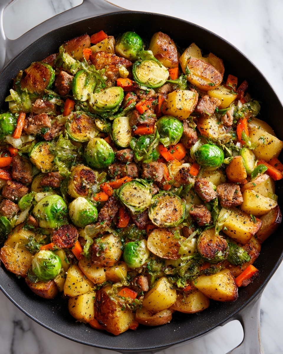 The image shows a large black skillet filled with a colorful mix of cooked vegetables and small pieces of meat. The dish has three main layers: the bottom layer is a mix of golden-brown cooked potatoes with a crispy texture, the middle layer contains green Brussels sprouts cut into halves, adding bright green color and a smooth texture, and the top layer is scattered with small chunks of browned meat and diced carrots, providing an orange color. The whole dish is sprinkled with black pepper and herbs, giving it a seasoned look. The skillet rests on a white marbled surface. photo taken with an iphone --ar 4:5 --v 7