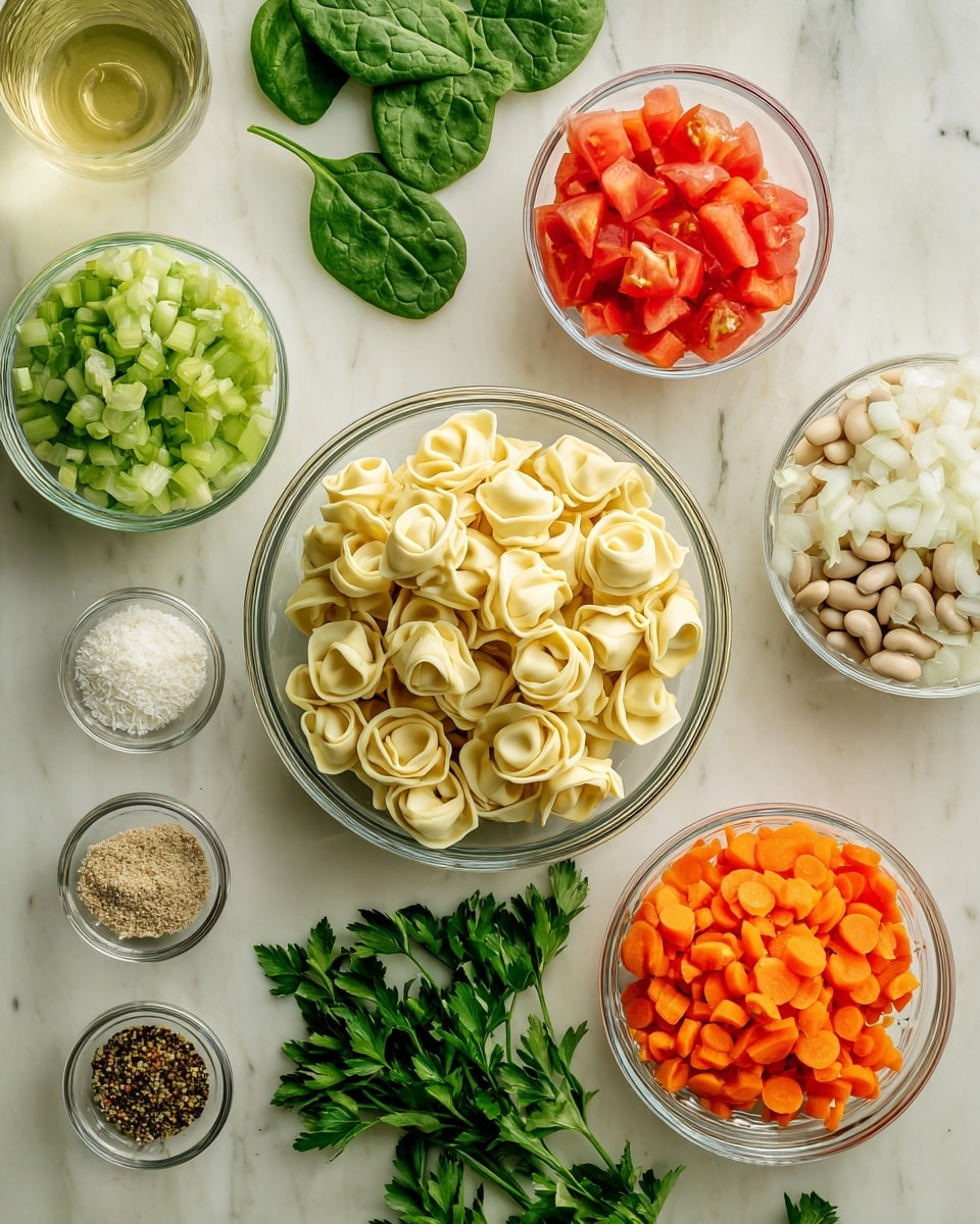 The image shows an overhead view of various ingredients arranged on a white marbled surface. There is a small white bowl filled with shredded white chicken meat at the bottom right, next to it a white bowl with diced white onions. Above the onions, four small clear glass bowls contain different powdered spices in brown, light brown, orange-red, and green colors. In the center, a white bowl holds black beans with a glossy texture. To the left, a white bowl contains a smooth orange substance. Around these are smaller clear glass bowls holding salt, oil, and a light yellow liquid, plus two peeled garlic cloves. At the bottom left, there are three lime halves, and a small white bowl with diced tomatoes and green pepper bits sits nearby. Photo taken with an iphone --ar 4:5 --v 7