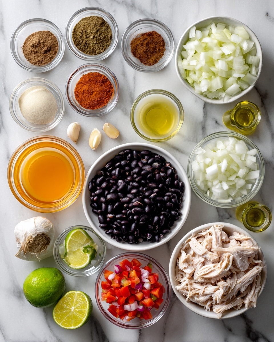 The image shows an array of ingredients laid out on a white marbled surface. There are two cans leaning on the top left, one black with coconut halves and the other red with chopped tomatoes. Below the cans, there are several small white bowls: one with a brown, chunky paste, another with finely chopped garlic, a third heart-shaped one filled with smooth, deep red tomato paste, and a small bowl containing a combination of brown, yellow, and red powdered spices. On the right side, there is a white bowl filled with small white cubes, and beneath it, a large white bowl packed with bright orange, cubed sweet potatoes. A white bowl near the bottom left contains light beige chickpeas. Each ingredient is neatly arranged and clearly visible. photo taken with an iphone --ar 4:5 --v 7