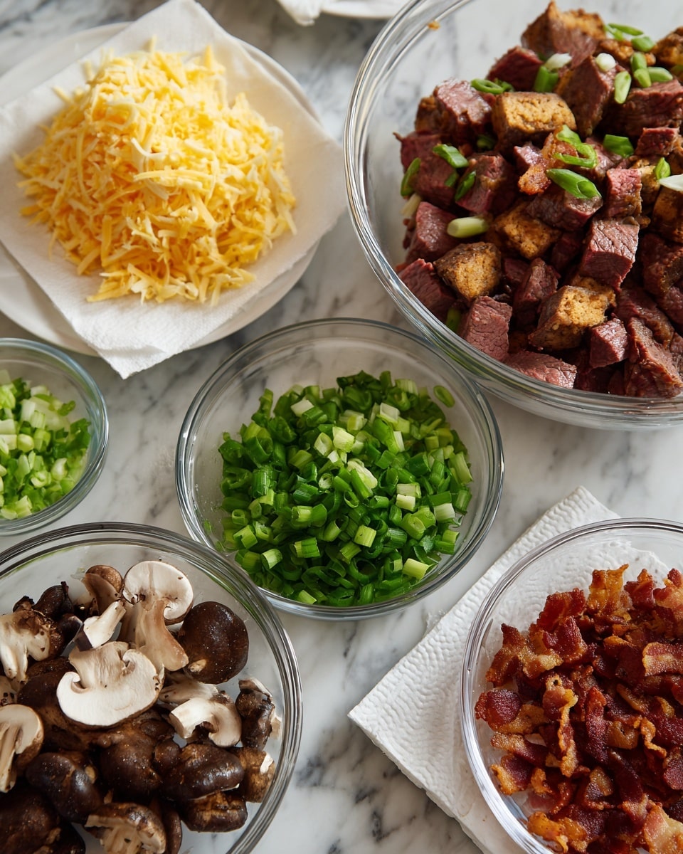 The image shows a black plate with raw ground meat shaped into a rectangle placed in the center, surrounded by five white bowls arranged in a semi-circle on a wooden surface with fresh green coriander sprigs scattered in the background. The bowls contain, from left to right, spiral pasta with red spice, white chopped onions, shredded orange and white cheese, yellow corn kernels, and small dark brown lentils or beans. Near the bowls, there is a half-closed can of tomato sauce and an open can of mixed beans. All items rest on a white marbled texture. Photo taken with an iphone --ar 4:5 --v 7