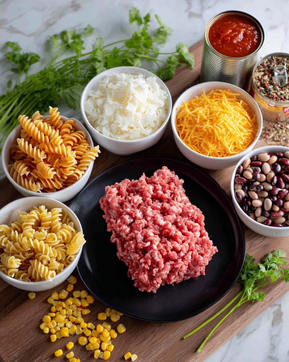 The image shows six white bowls and plates on a white marbled surface. On the left, a white plate holds several white biscuit dough rounds stacked. To the right, a medium white bowl contains two thick layers of raw ground meat with a pink color and a curly texture. Below, a small white bowl holds bright orange-yellow powder, likely a spice. Next to it, another small white bowl is filled with chopped green onions. On the right side, a clear glass bowl is filled with shredded bright orange cheddar cheese. In front, two small white bowls contain two different sauces: one is smooth and orange-brown, the other is chunky red salsa with visible bits of tomato and green peppers. Photo taken with an iphone --ar 4:5 --v 7