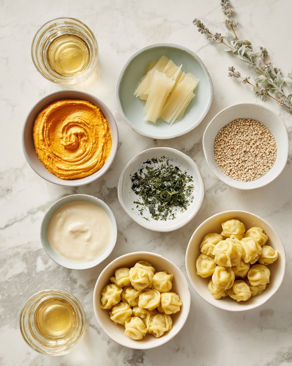 The image shows six white bowls arranged on a white marbled surface, each filled with different ingredients. One bowl contains smooth orange paste with a textured swirl on top, another holds light-colored thin slices stacked neatly. There is a bowl with finely chopped green herbs, and another with small round beige grains. A bowl has a creamy white liquid with a smooth surface. The last bowl is filled with small uncooked dumplings, yellowish in color, tightly packed. A glass of clear water and a glass of golden liquid are also on the surface near the bowls. Photo taken with an iphone --ar 4:5 --v 7