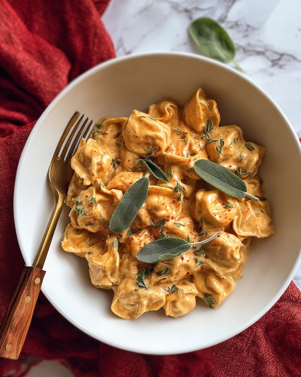 A white bowl filled with a layer of orange-brown tortellini pasta covered in a creamy sauce, topped with several green sage leaves scattered on the surface. A fork with a wooden handle is resting on the left side inside the bowl. The background is a white marbled texture with a red cloth visible on the left edge. photo taken with an iphone --ar 4:5 --v 7